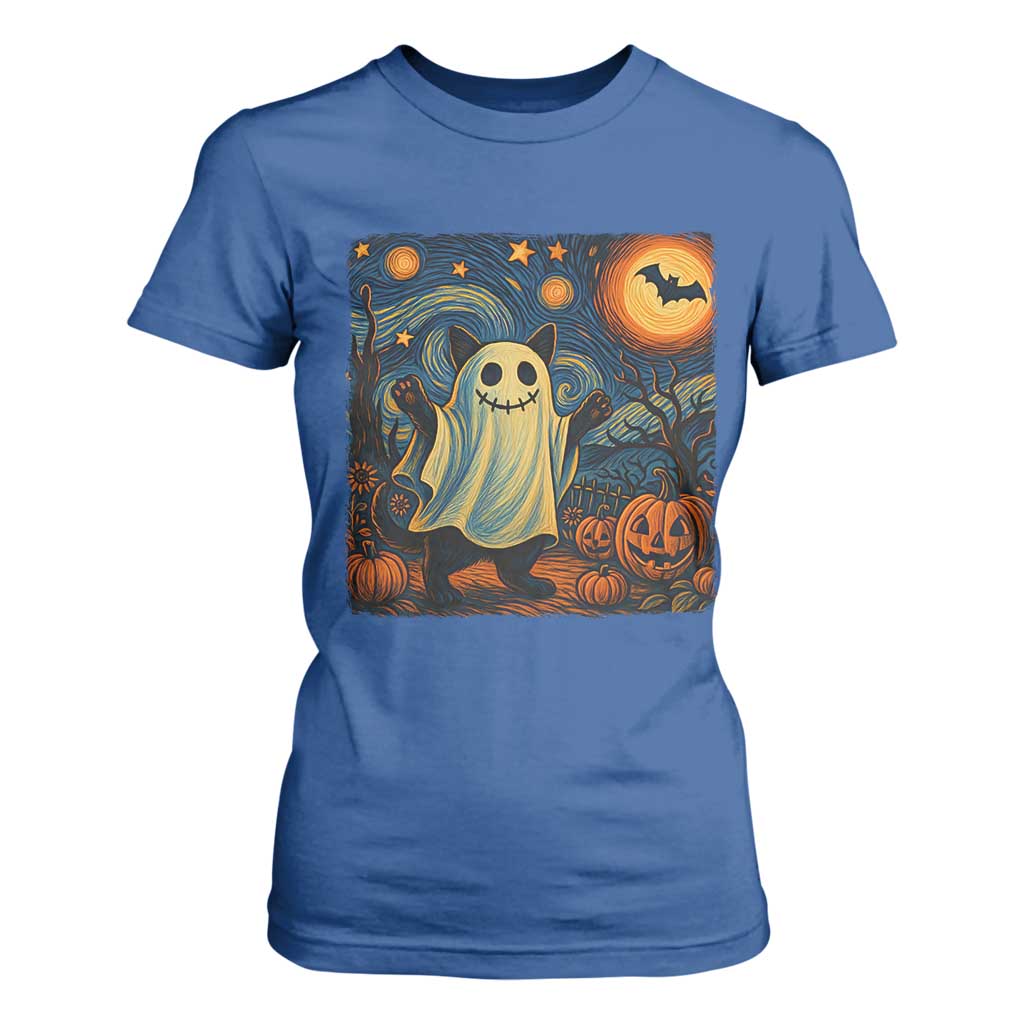 Funny Halloween Ghost Cat T Shirt For Women Starry Night Van Gogh Cat Lover Gifts TS10 Royal Blue Print Your Wear