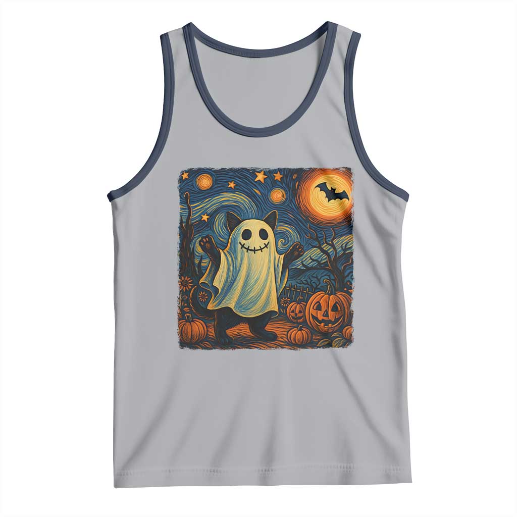 Funny Halloween Ghost Cat Tank Top Starry Night Van Gogh Cat Lover Gifts TS10 Athletic Heather Navy Print Your Wear