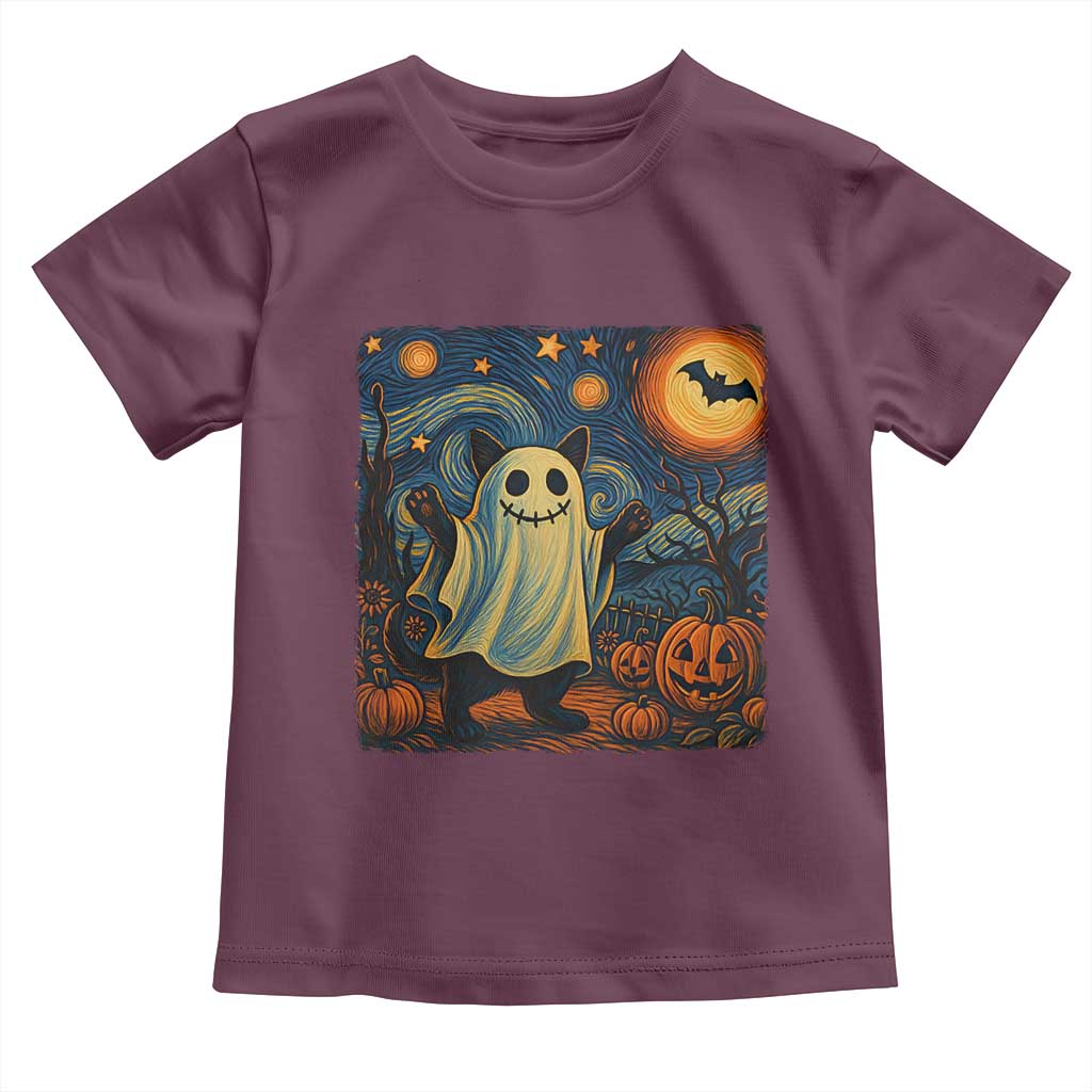 Funny Halloween Ghost Cat Toddler T Shirt Starry Night Van Gogh Cat Lover Gifts TS10 Maroon Print Your Wear