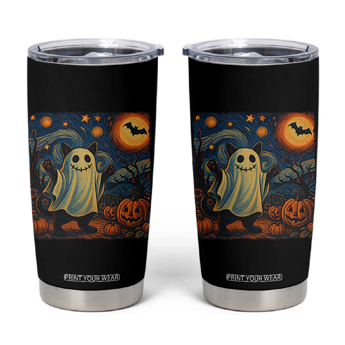 Funny Halloween Ghost Cat Tumbler Cup Starry Night Van Gogh Cat Lover Gifts TS10 Black Print Your Wear