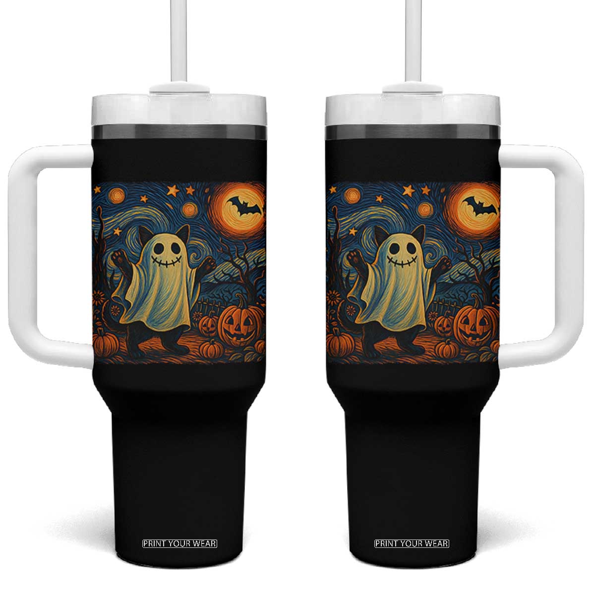 Funny Halloween Ghost Cat Tumbler With Handle Starry Night Van Gogh Cat Lover Gifts TS10 One Size: 40 oz Black Print Your Wear