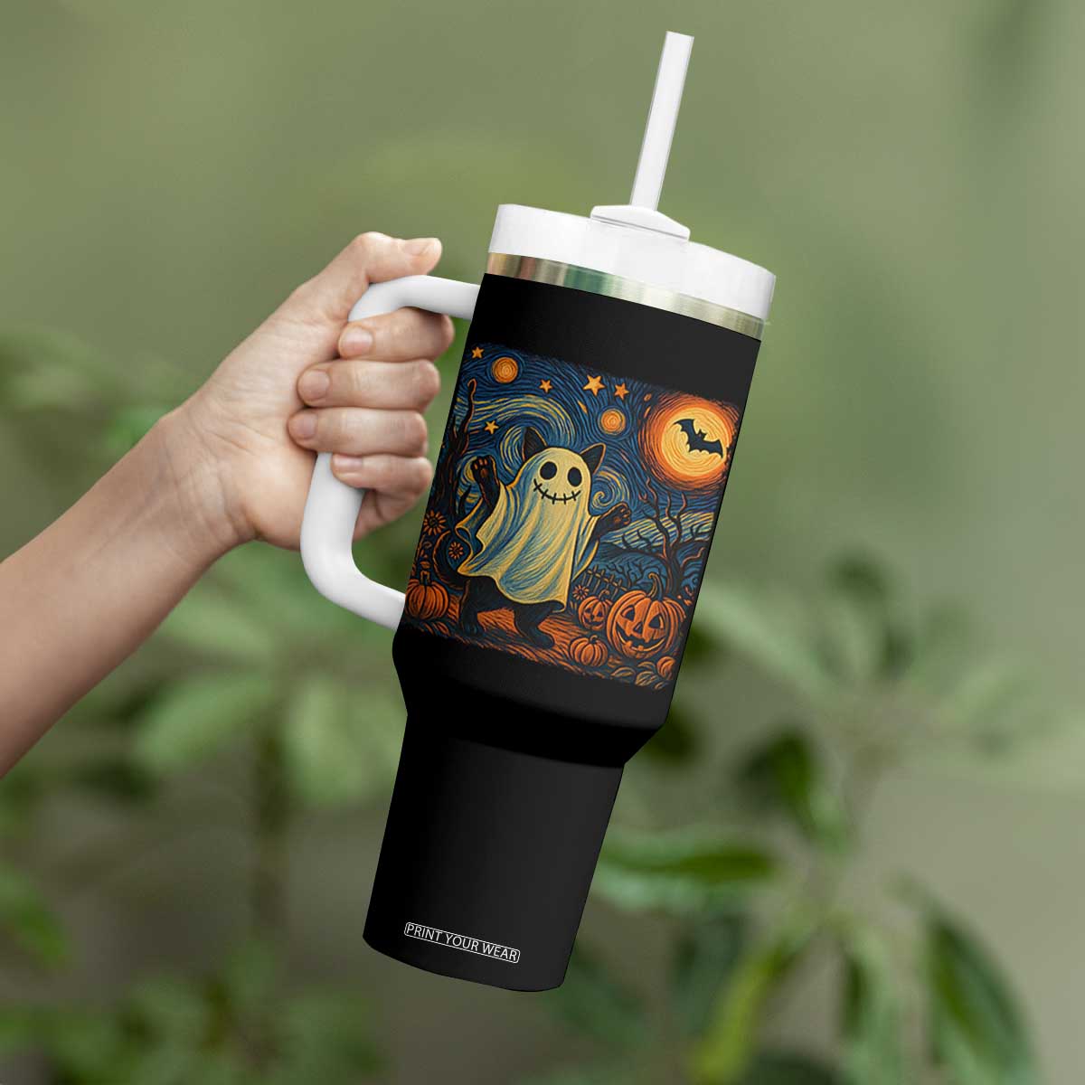 Funny Halloween Ghost Cat Tumbler With Handle Starry Night Van Gogh Cat Lover Gifts TS10 Print Your Wear