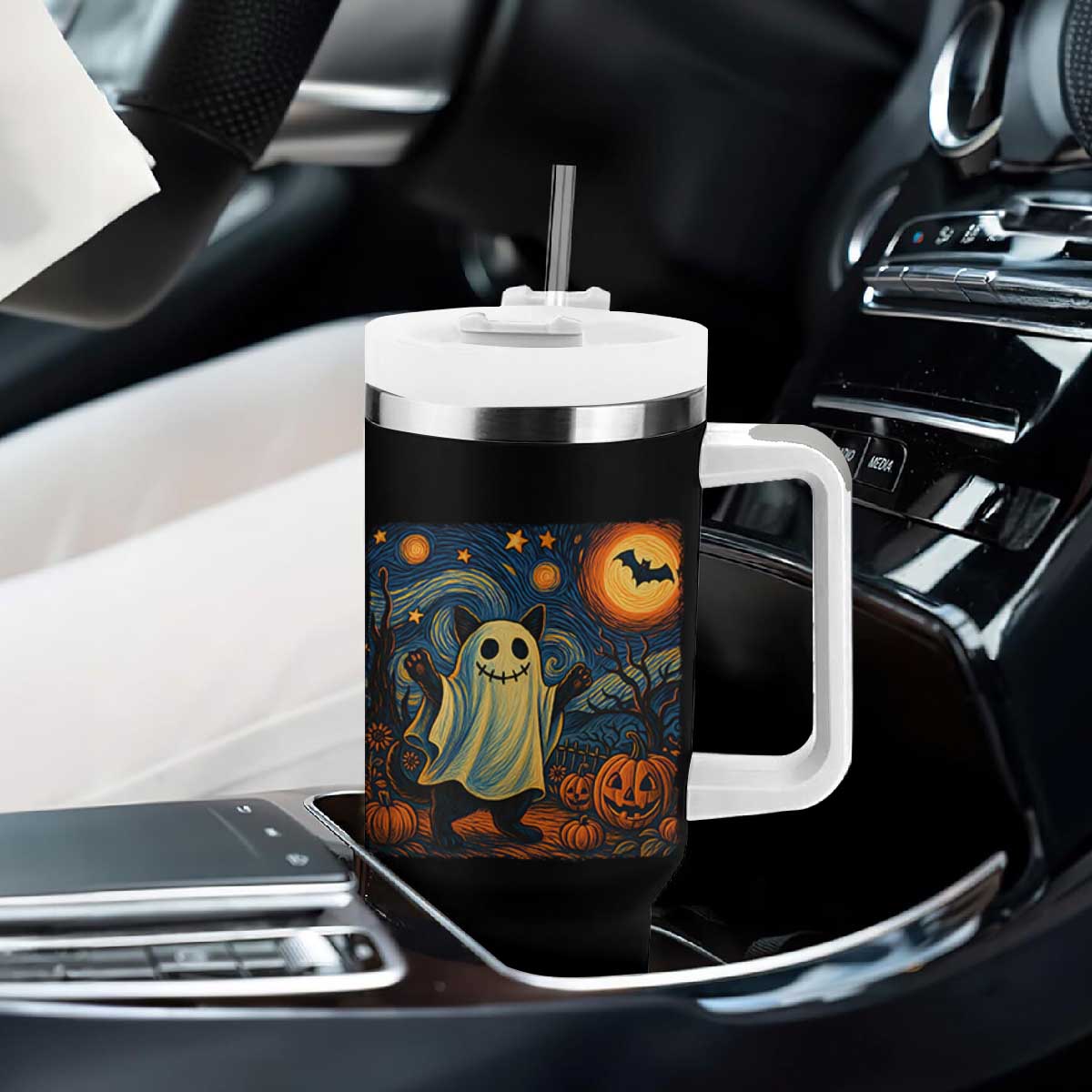 Funny Halloween Ghost Cat Tumbler With Handle Starry Night Van Gogh Cat Lover Gifts TS10 Print Your Wear