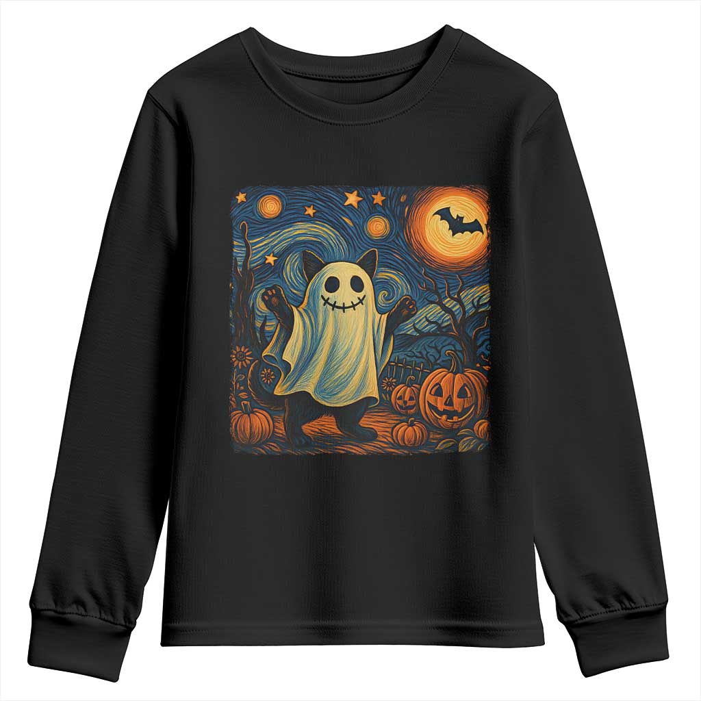 Funny Halloween Ghost Cat Youth Sweatshirt Starry Night Van Gogh Cat Lover Gifts TS10 Black Print Your Wear