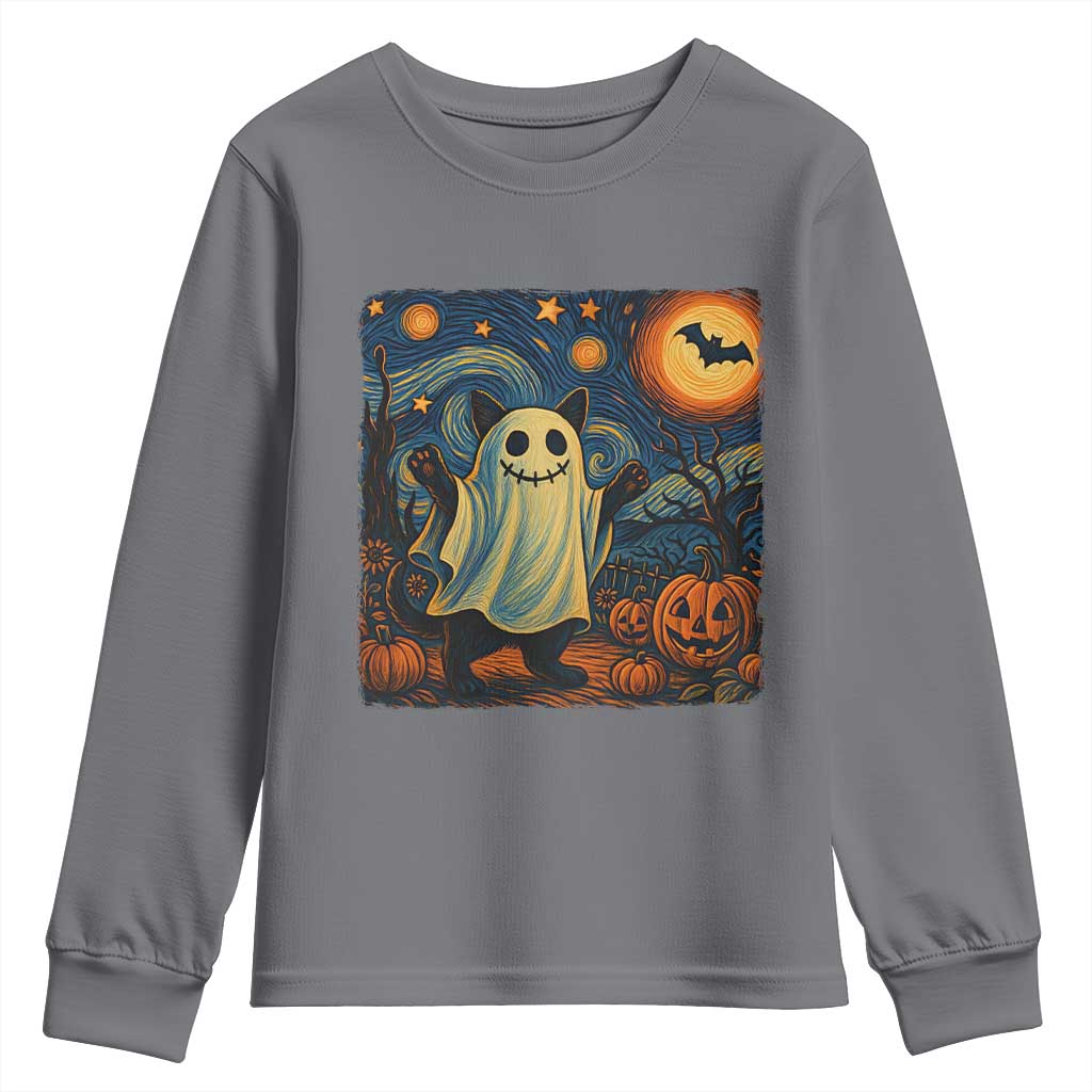 Funny Halloween Ghost Cat Youth Sweatshirt Starry Night Van Gogh Cat Lover Gifts TS10 Charcoal Print Your Wear