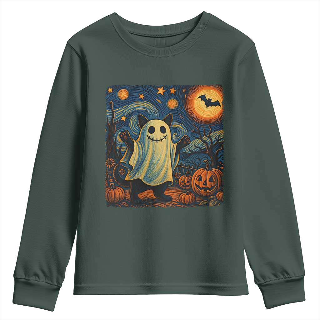 Funny Halloween Ghost Cat Youth Sweatshirt Starry Night Van Gogh Cat Lover Gifts TS10 Dark Forest Green Print Your Wear