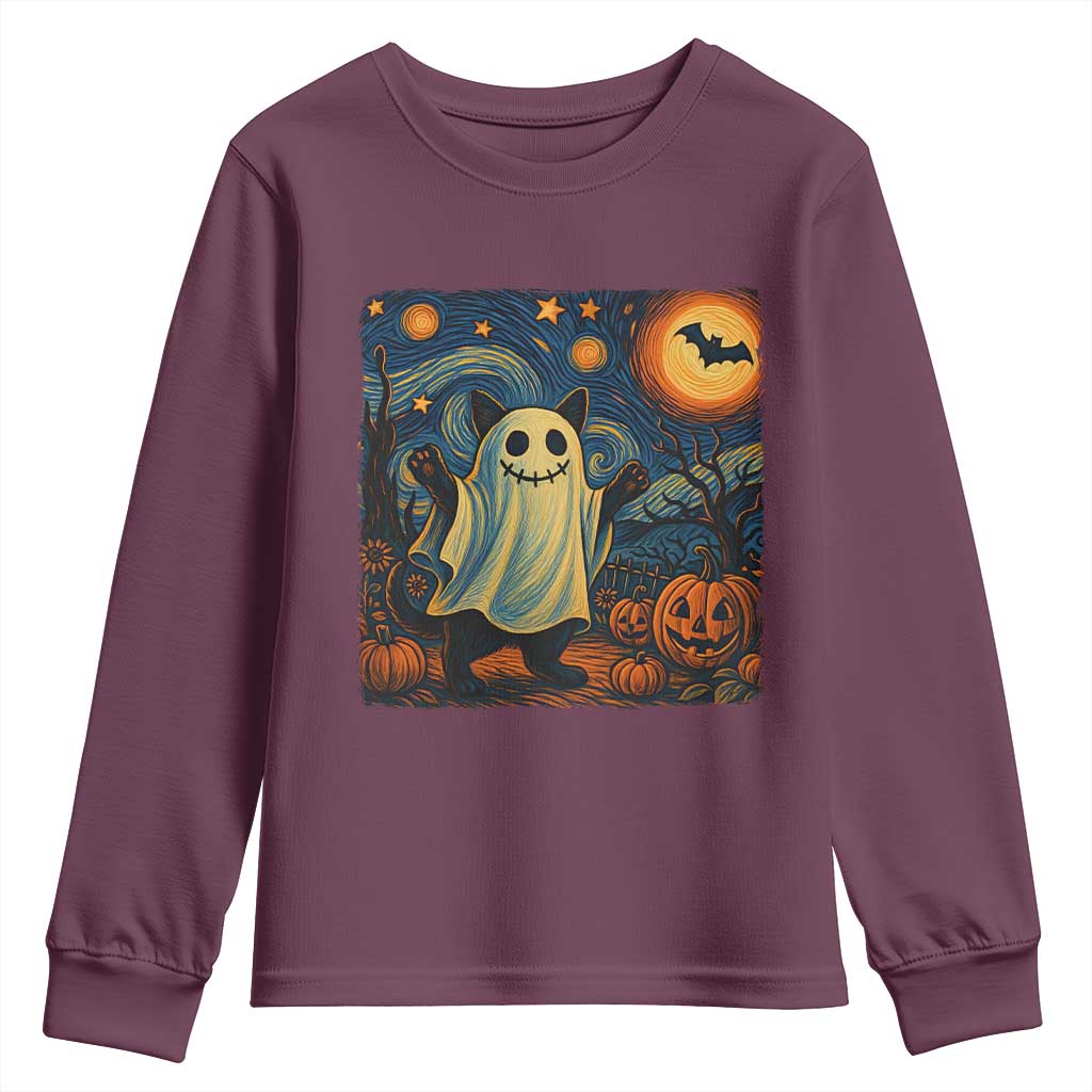 Funny Halloween Ghost Cat Youth Sweatshirt Starry Night Van Gogh Cat Lover Gifts TS10 Maroon Print Your Wear