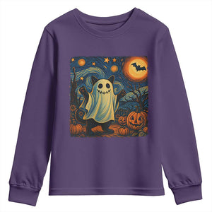 Funny Halloween Ghost Cat Youth Sweatshirt Starry Night Van Gogh Cat Lover Gifts TS10 Purple Print Your Wear