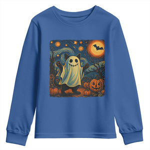 Funny Halloween Ghost Cat Youth Sweatshirt Starry Night Van Gogh Cat Lover Gifts TS10 Royal Blue Print Your Wear