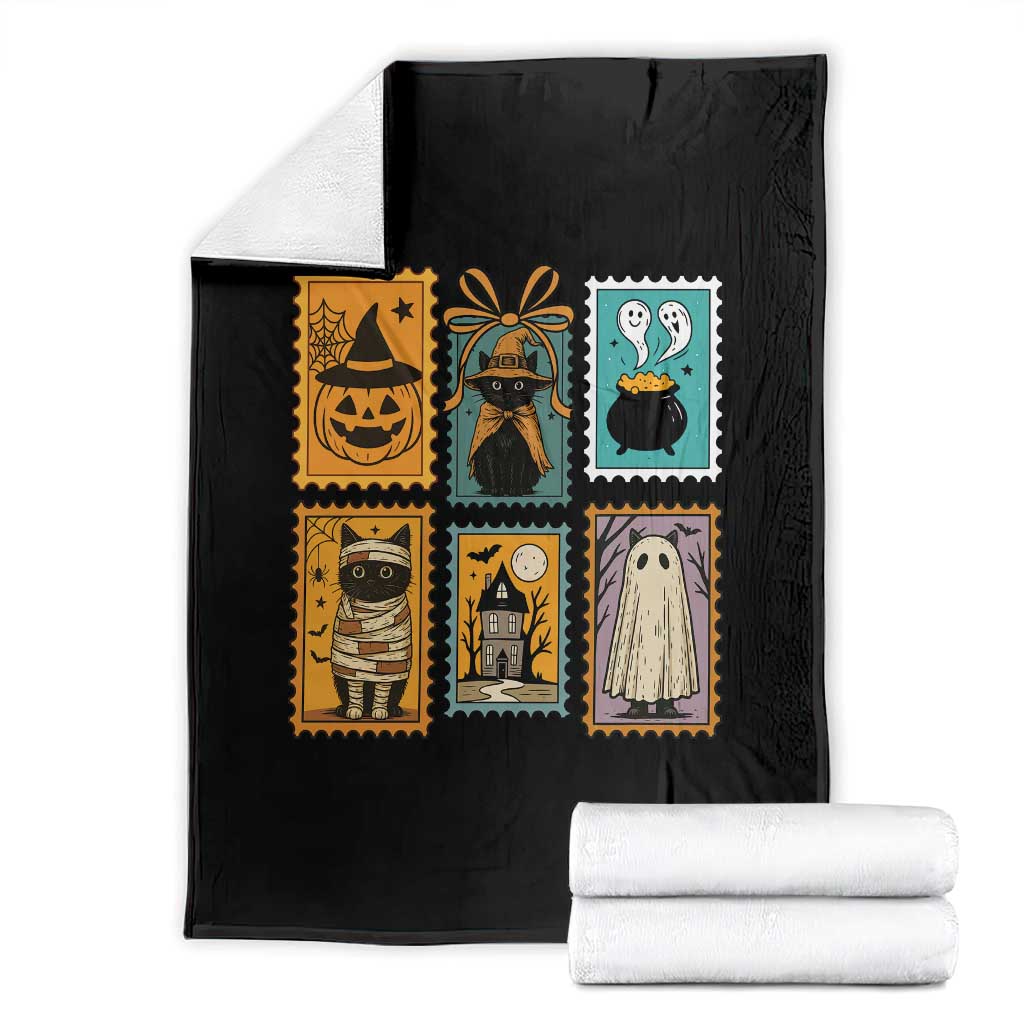 Black Cat Pumpkin Throw Blanket Retro Halloween Ghots Cat Stamp TS10 Black Print Your Wear