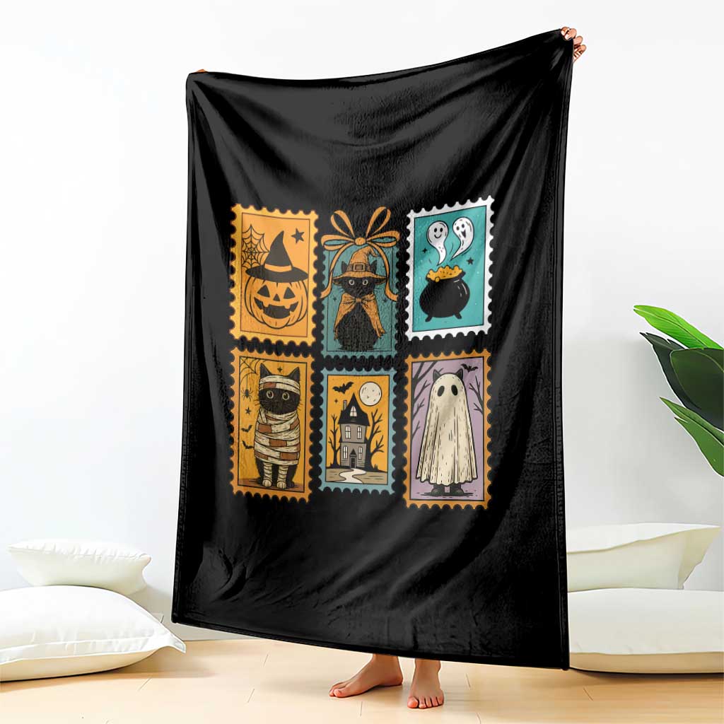 Black Cat Pumpkin Throw Blanket Retro Halloween Ghots Cat Stamp TS10 Print Your Wear