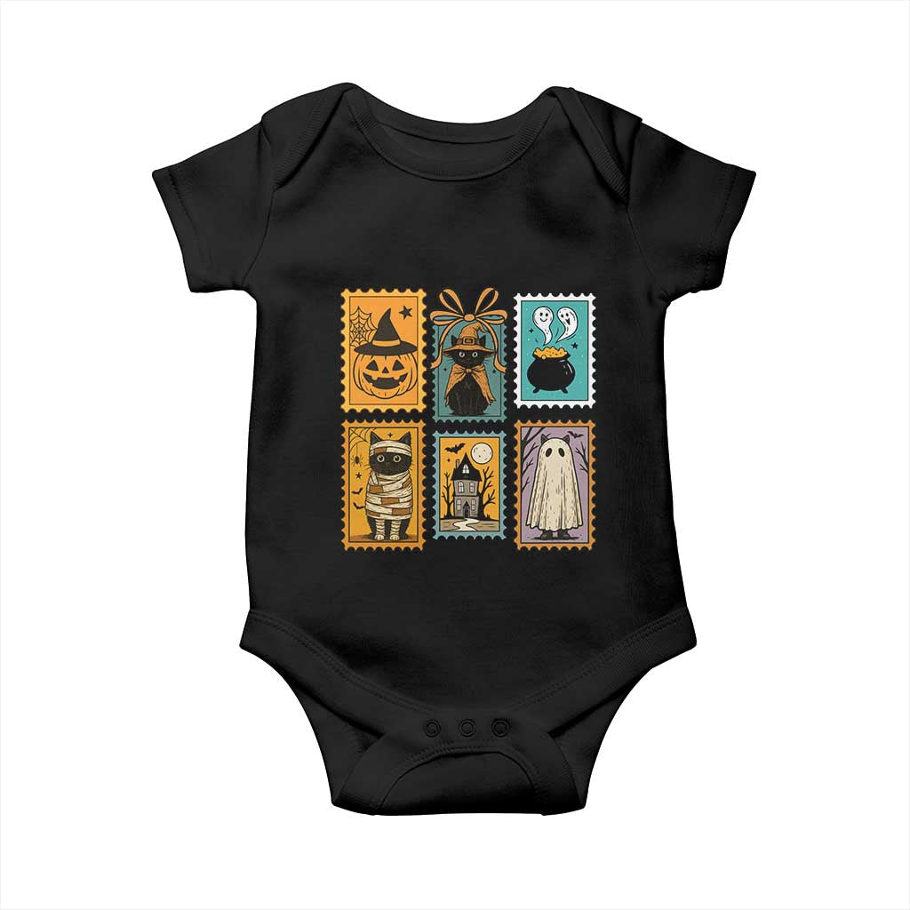 Black Cat Pumpkin Baby Onesie Retro Halloween Ghots Cat Stamp TS10 Black Print Your Wear