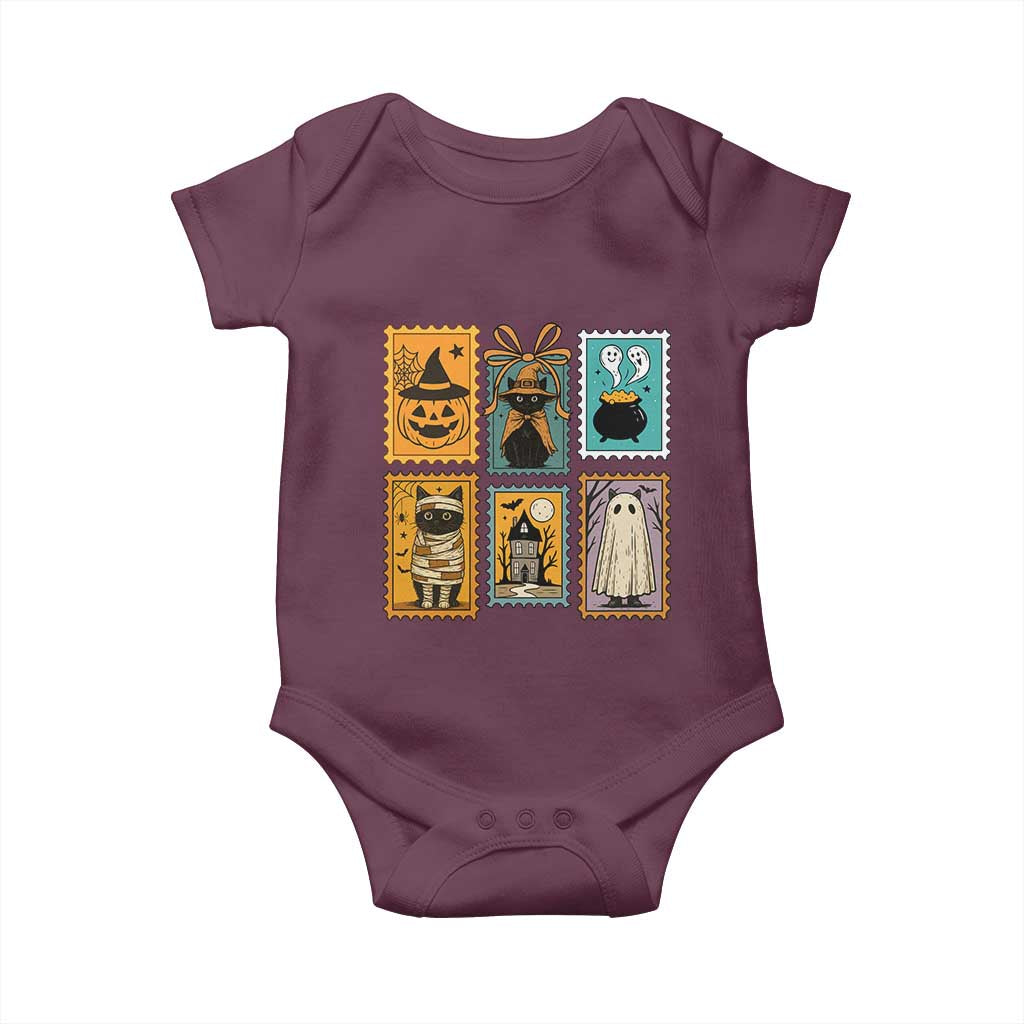 Black Cat Pumpkin Baby Onesie Retro Halloween Ghots Cat Stamp TS10 Maroon Print Your Wear