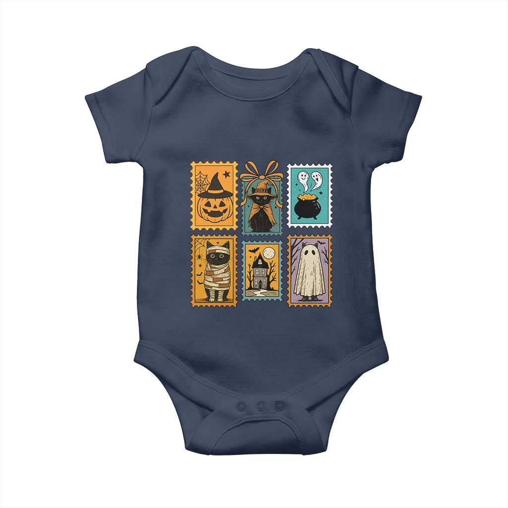Black Cat Pumpkin Baby Onesie Retro Halloween Ghots Cat Stamp TS10 Navy Print Your Wear