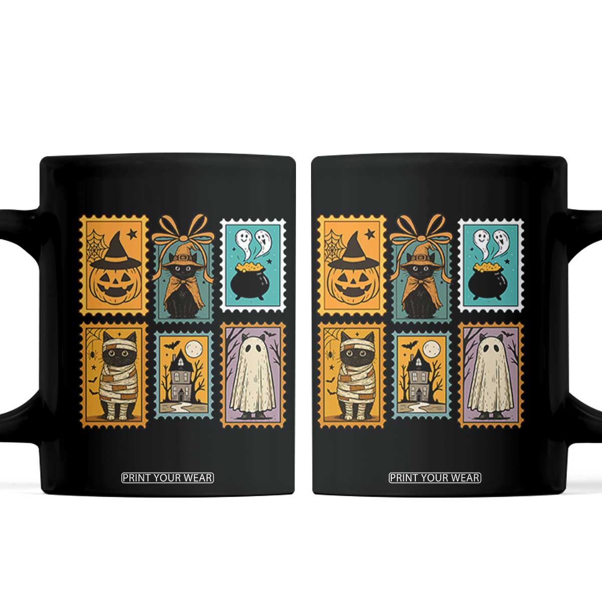 Black Cat Pumpkin Coffee Mug Retro Halloween Ghots Cat Stamp TS10 Black Print Your Wear