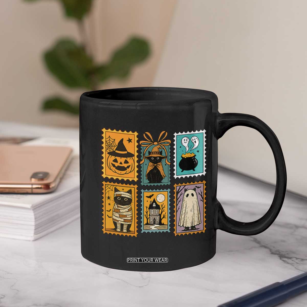 Black Cat Pumpkin Coffee Mug Retro Halloween Ghots Cat Stamp TS10 Print Your Wear