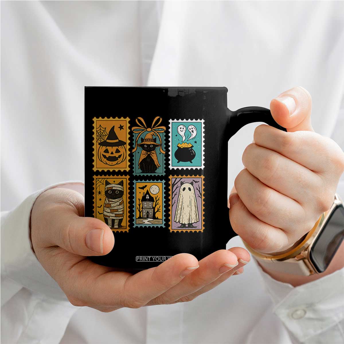Black Cat Pumpkin Coffee Mug Retro Halloween Ghots Cat Stamp TS10 Print Your Wear