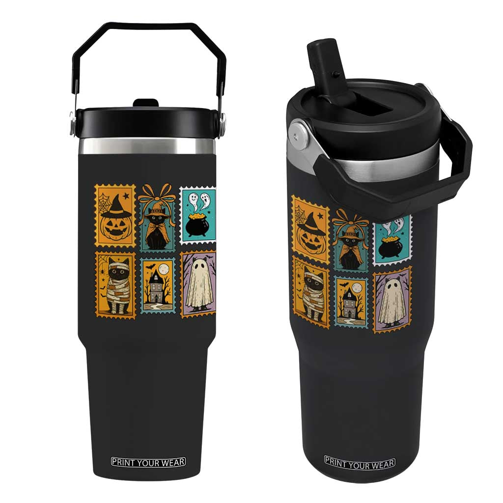 Black Cat Pumpkin Flip Straw Tumbler Retro Halloween Ghots Cat Stamp TS10 One Size: 30 oz Black Print Your Wear