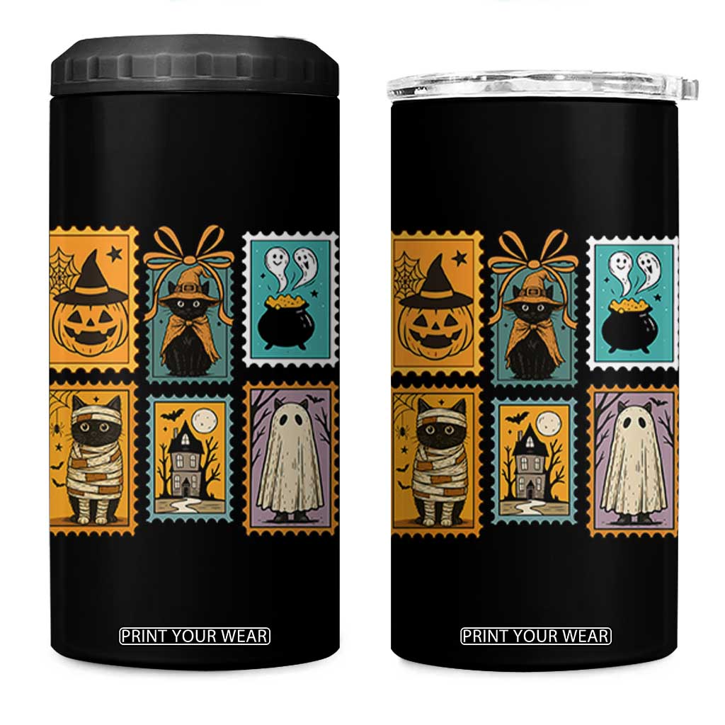 Black Cat Pumpkin 4 in 1 Can Cooler Tumbler Retro Halloween Ghots Cat Stamp TS10 One Size: 16 oz Black Print Your Wear