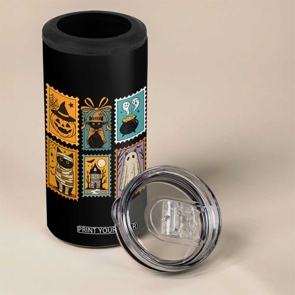 Black Cat Pumpkin 4 in 1 Can Cooler Tumbler Retro Halloween Ghots Cat Stamp TS10 Print Your Wear