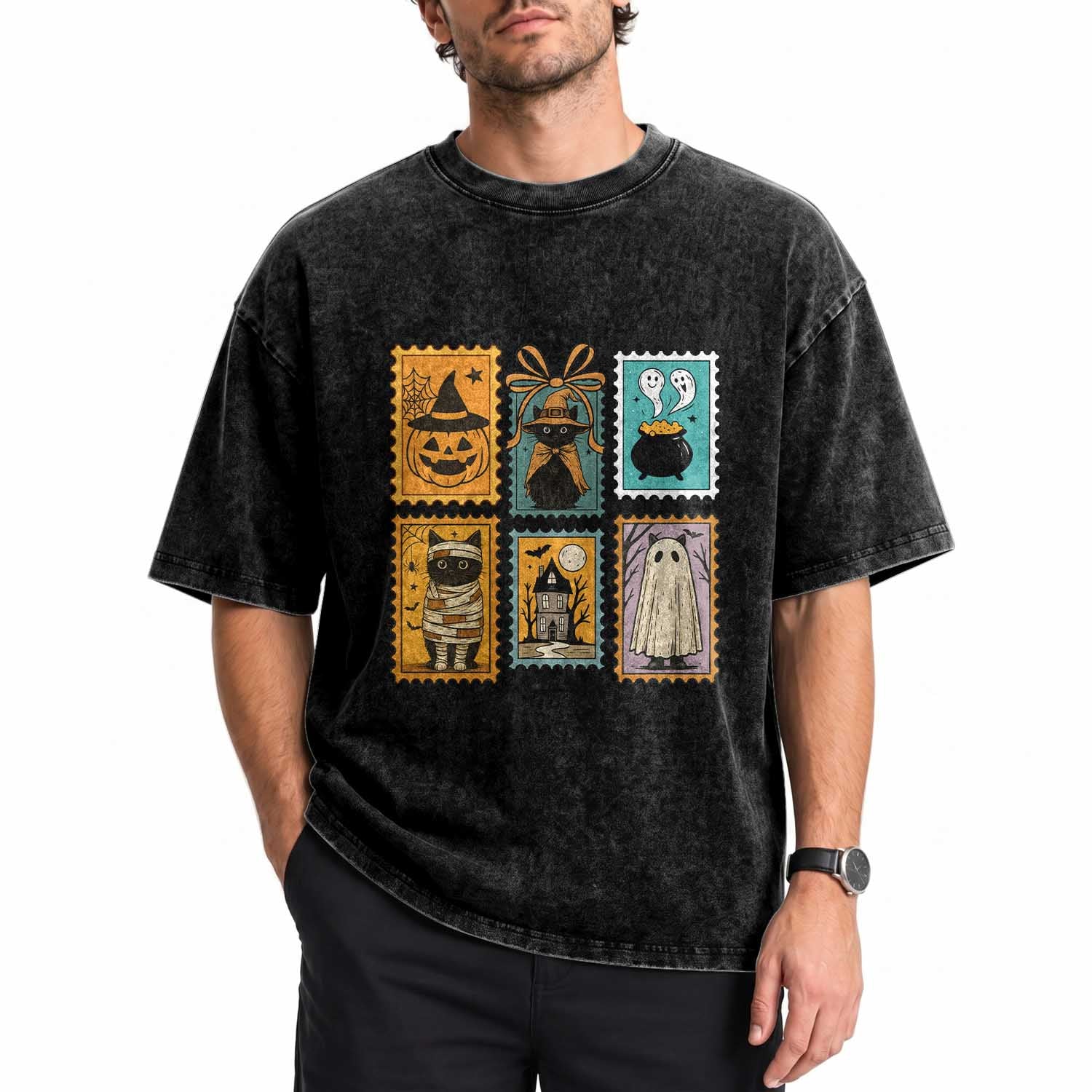 Black Cat Pumpkin Washed Cotton T-Shirt Retro Halloween Ghots Cat Stamp TS10 Print Your Wear