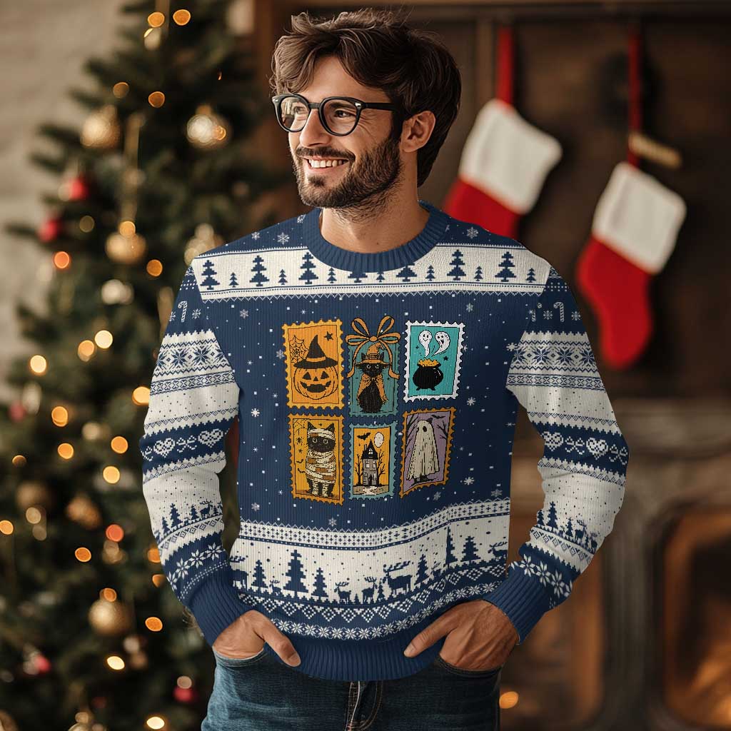 Black Cat Pumpkin Ugly Christmas Sweater Retro Halloween Ghots Cat Stamp TS10 Navy Beige Print Your Wear