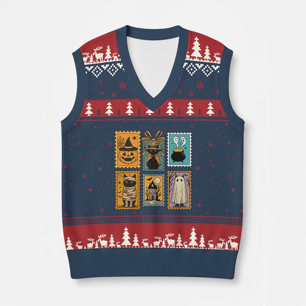 Black Cat Pumpkin V-Neck Knit Sweater Vest Retro Halloween Ghots Cat Stamp TS10 Navy Red Print Your Wear
