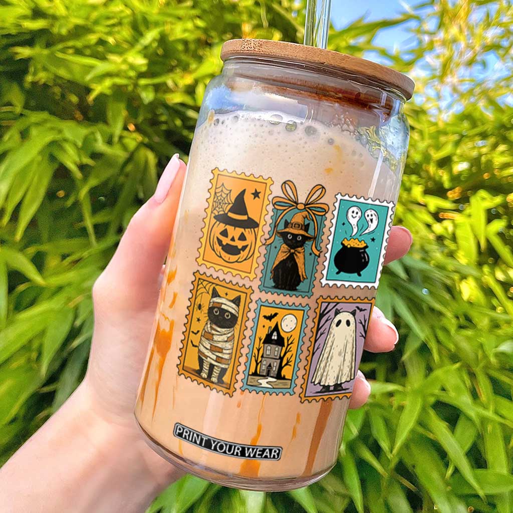 Black Cat Pumpkin Glass Can Retro Halloween Ghots Cat Stamp TS10 Black Print Your Wear