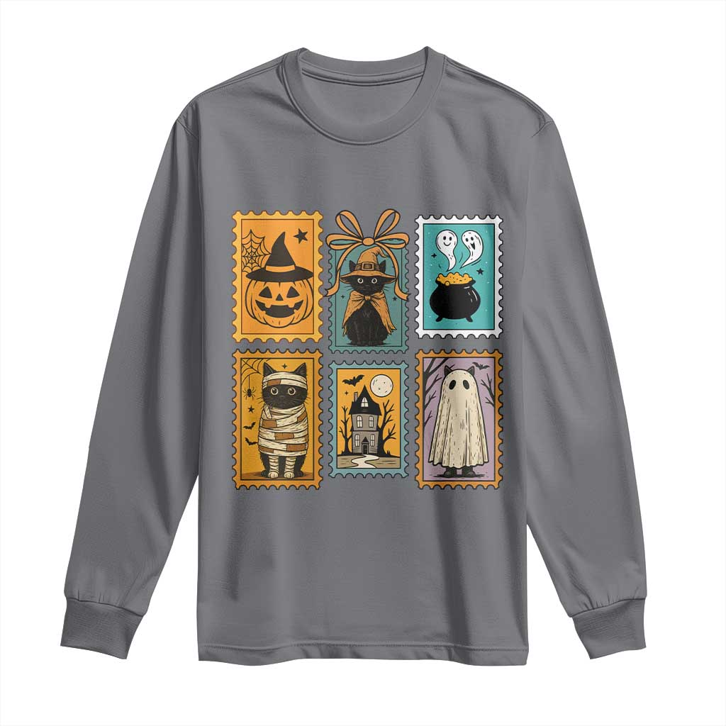 Black Cat Pumpkin Long Sleeve Shirt Retro Halloween Ghots Cat Stamp TS10 Charcoal Print Your Wear