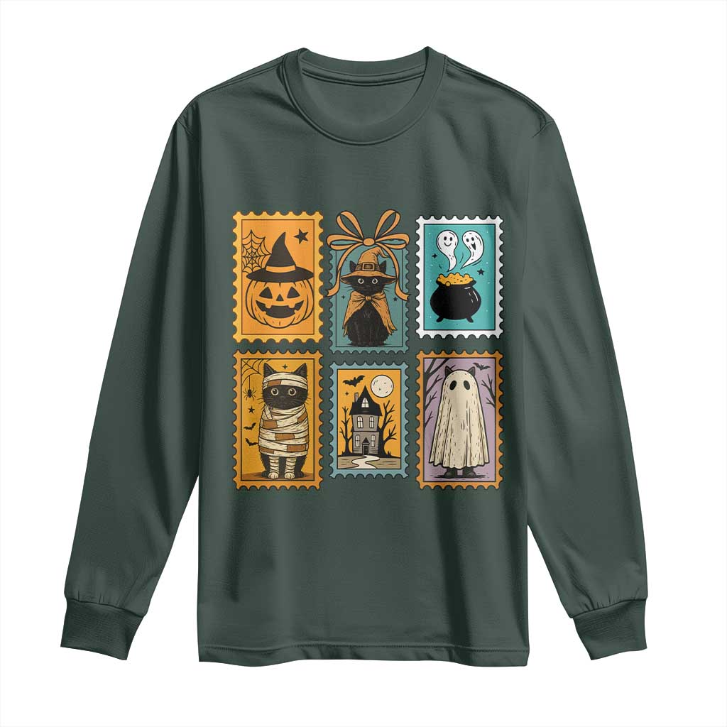 Black Cat Pumpkin Long Sleeve Shirt Retro Halloween Ghots Cat Stamp TS10 Dark Forest Green Print Your Wear