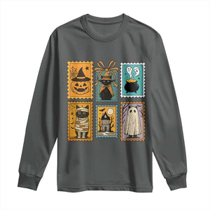 Black Cat Pumpkin Long Sleeve Shirt Retro Halloween Ghots Cat Stamp TS10 Dark Heather Print Your Wear