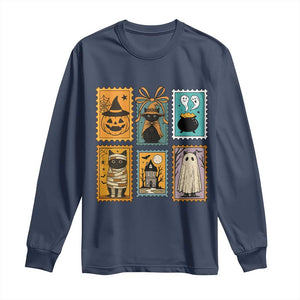Black Cat Pumpkin Long Sleeve Shirt Retro Halloween Ghots Cat Stamp TS10 Navy Print Your Wear