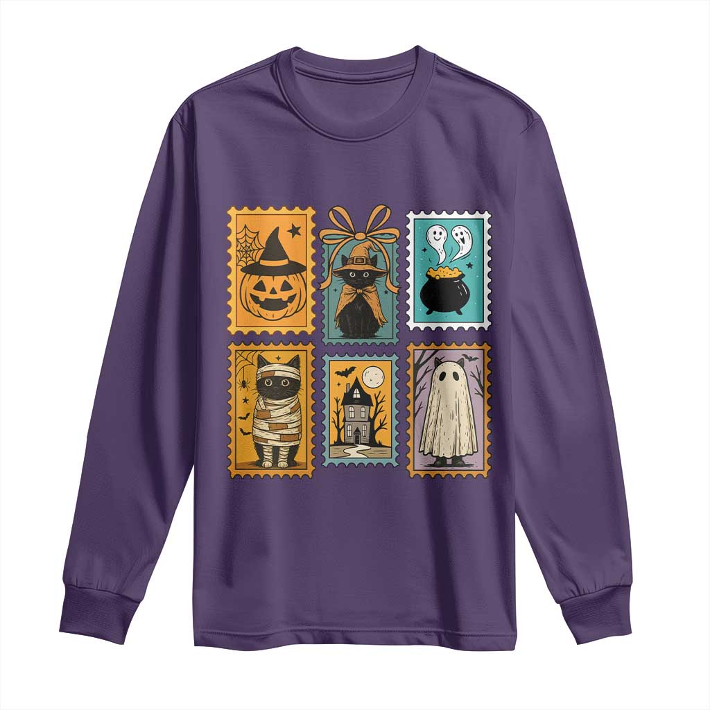 Black Cat Pumpkin Long Sleeve Shirt Retro Halloween Ghots Cat Stamp TS10 Purple Print Your Wear