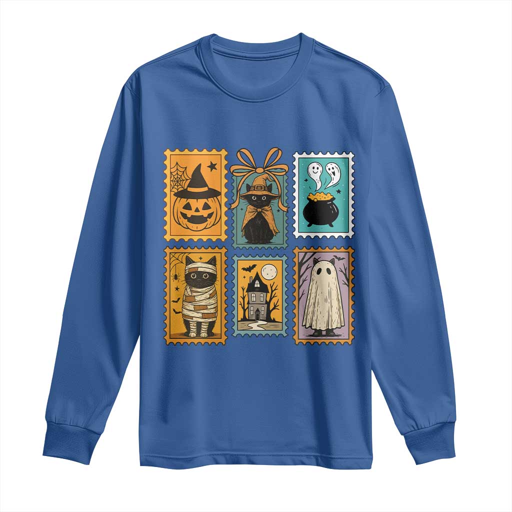 Black Cat Pumpkin Long Sleeve Shirt Retro Halloween Ghots Cat Stamp TS10 Royal Blue Print Your Wear