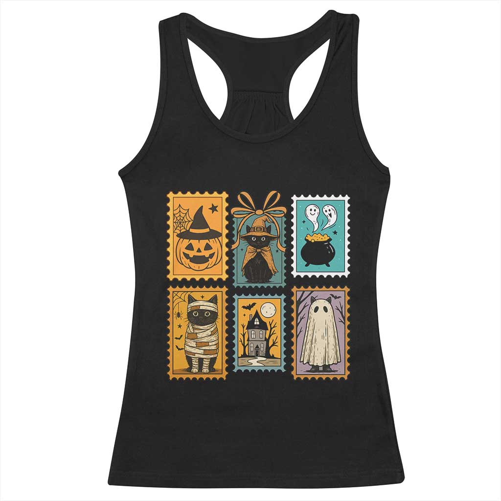 Black Cat Pumpkin Racerback Tank Top Retro Halloween Ghots Cat Stamp TS10 Black Print Your Wear