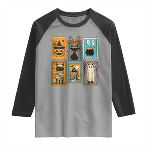 Black Cat Pumpkin Raglan Shirt Retro Halloween Ghots Cat Stamp TS10 Sport Gray Black Print Your Wear