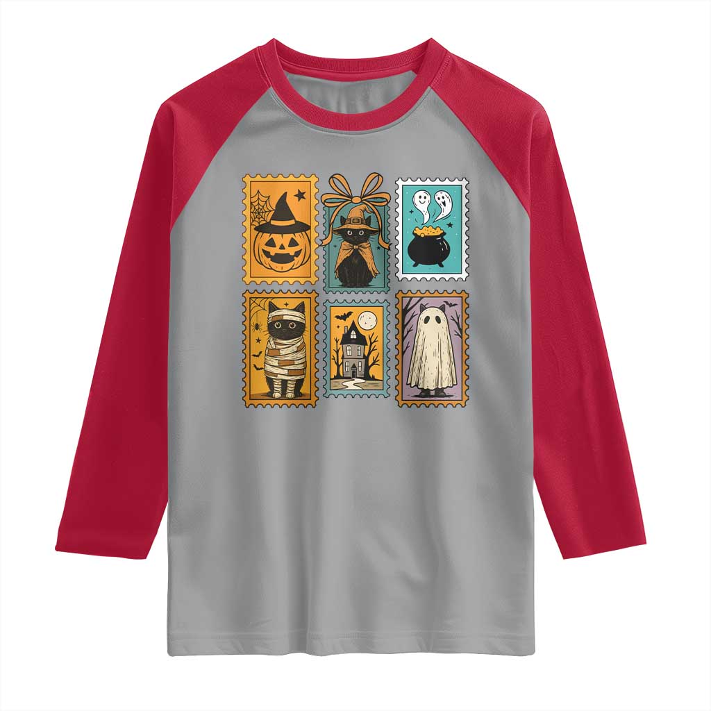 Black Cat Pumpkin Raglan Shirt Retro Halloween Ghots Cat Stamp TS10 Sport Gray Red Print Your Wear