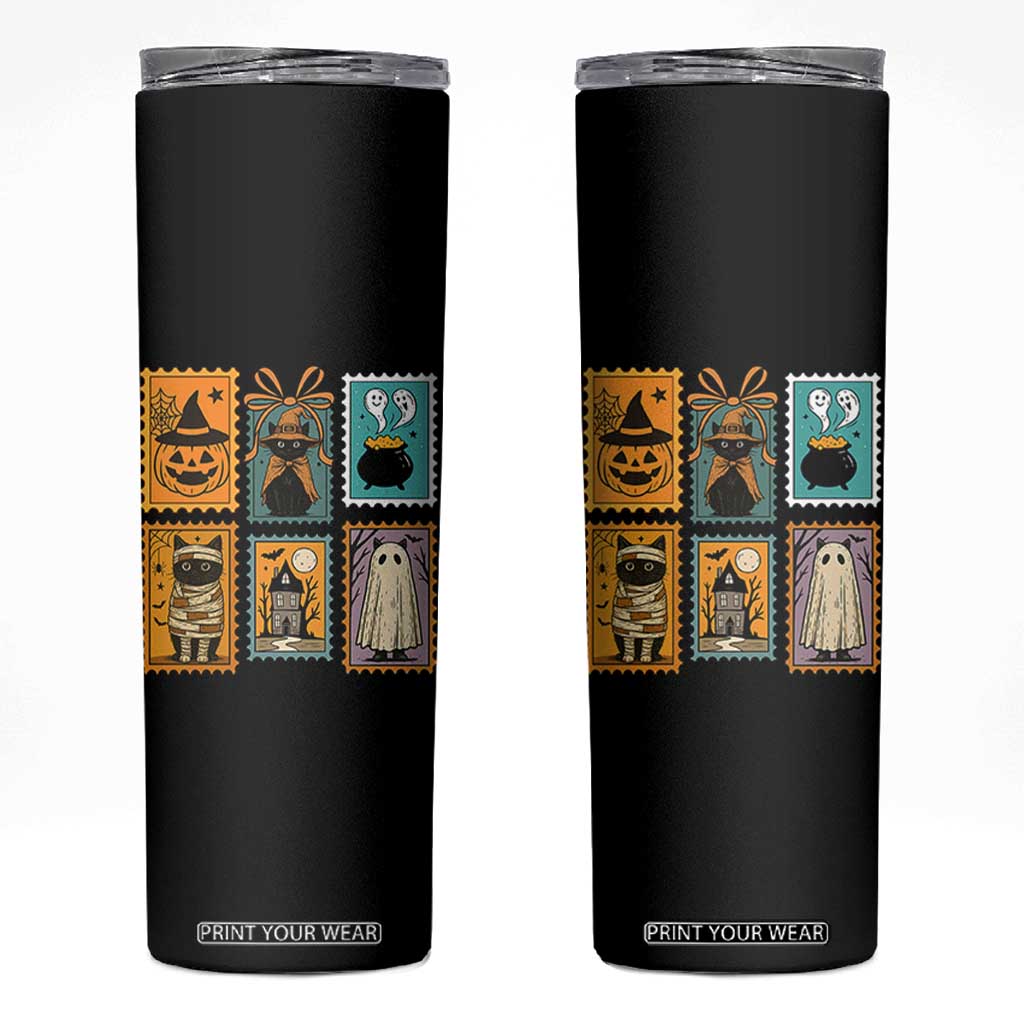 Black Cat Pumpkin Skinny Tumbler Retro Halloween Ghots Cat Stamp TS10 Black Print Your Wear
