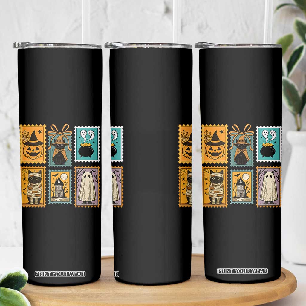 Black Cat Pumpkin Skinny Tumbler Retro Halloween Ghots Cat Stamp TS10 Print Your Wear