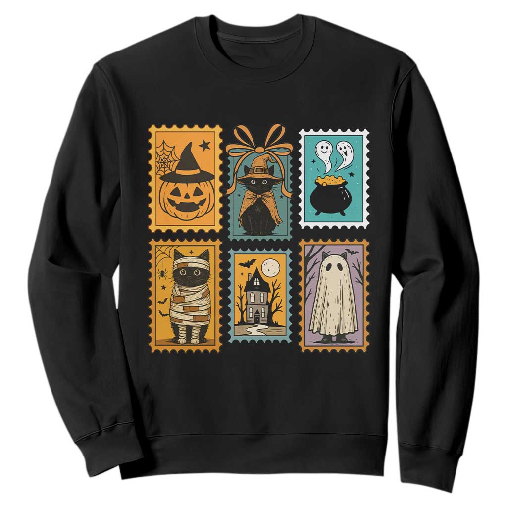 Black Cat Pumpkin Sweatshirt Retro Halloween Ghots Cat Stamp TS10 Black Print Your Wear