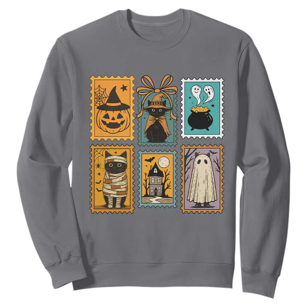 Black Cat Pumpkin Sweatshirt Retro Halloween Ghots Cat Stamp TS10 Charcoal Print Your Wear