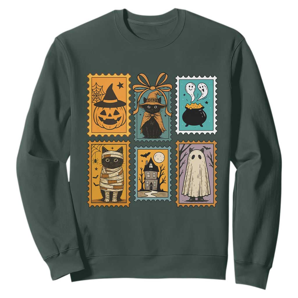 Black Cat Pumpkin Sweatshirt Retro Halloween Ghots Cat Stamp TS10 Dark Forest Green Print Your Wear