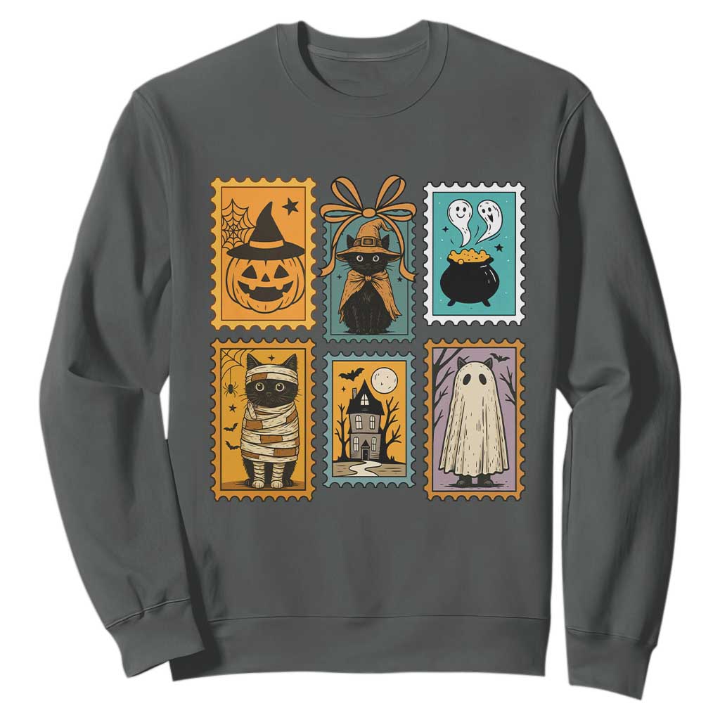 Black Cat Pumpkin Sweatshirt Retro Halloween Ghots Cat Stamp TS10 Dark Heather Print Your Wear