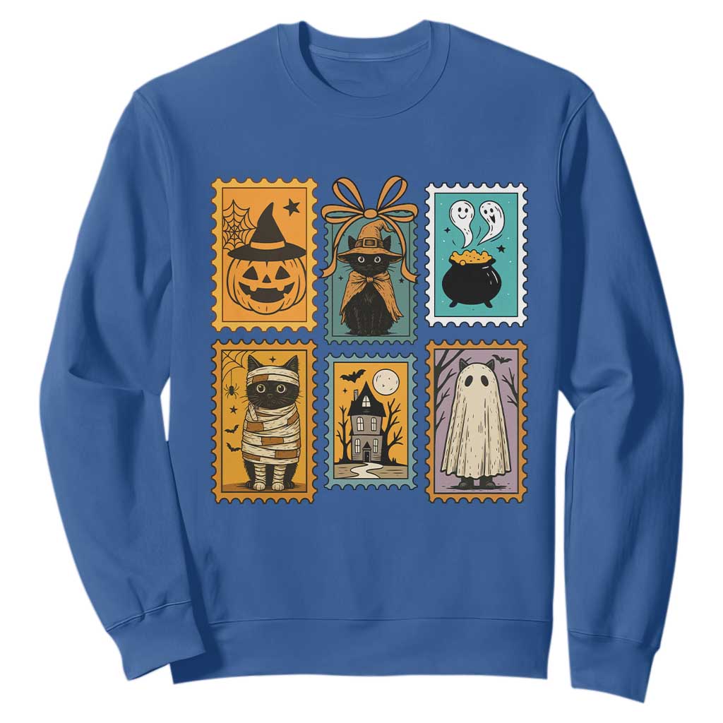 Black Cat Pumpkin Sweatshirt Retro Halloween Ghots Cat Stamp TS10 Royal Blue Print Your Wear