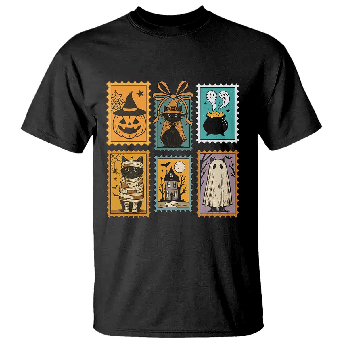 Black Cat Pumpkin T Shirt Retro Halloween Ghots Cat Stamp TS10 Black Print Your Wear