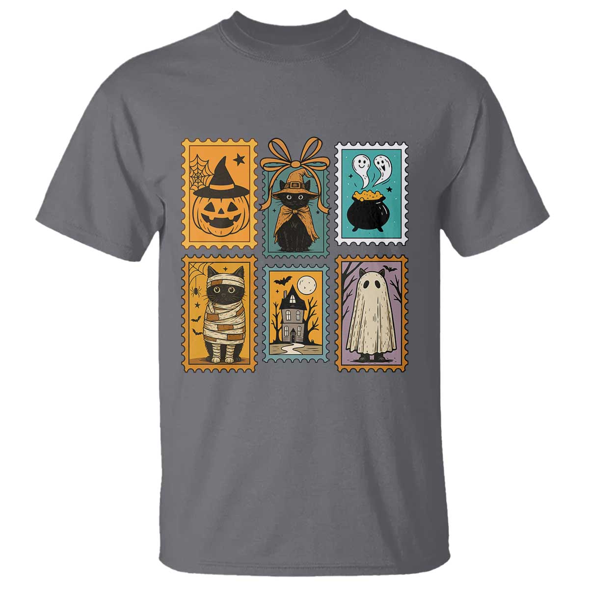 Black Cat Pumpkin T Shirt Retro Halloween Ghots Cat Stamp TS10 Charcoal Print Your Wear