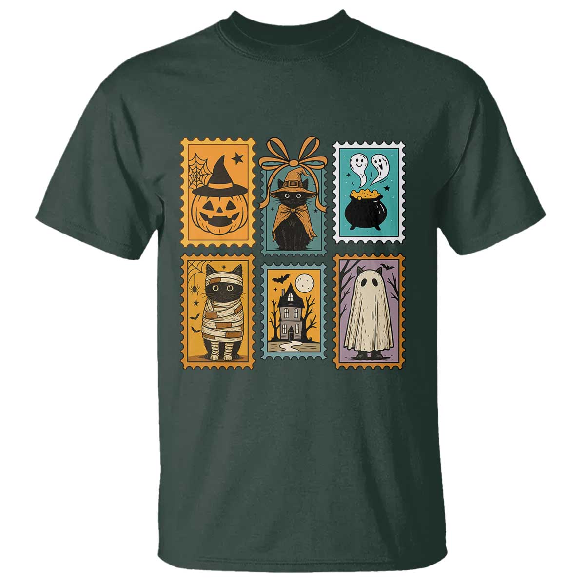 Black Cat Pumpkin T Shirt Retro Halloween Ghots Cat Stamp TS10 Dark Forest Green Print Your Wear