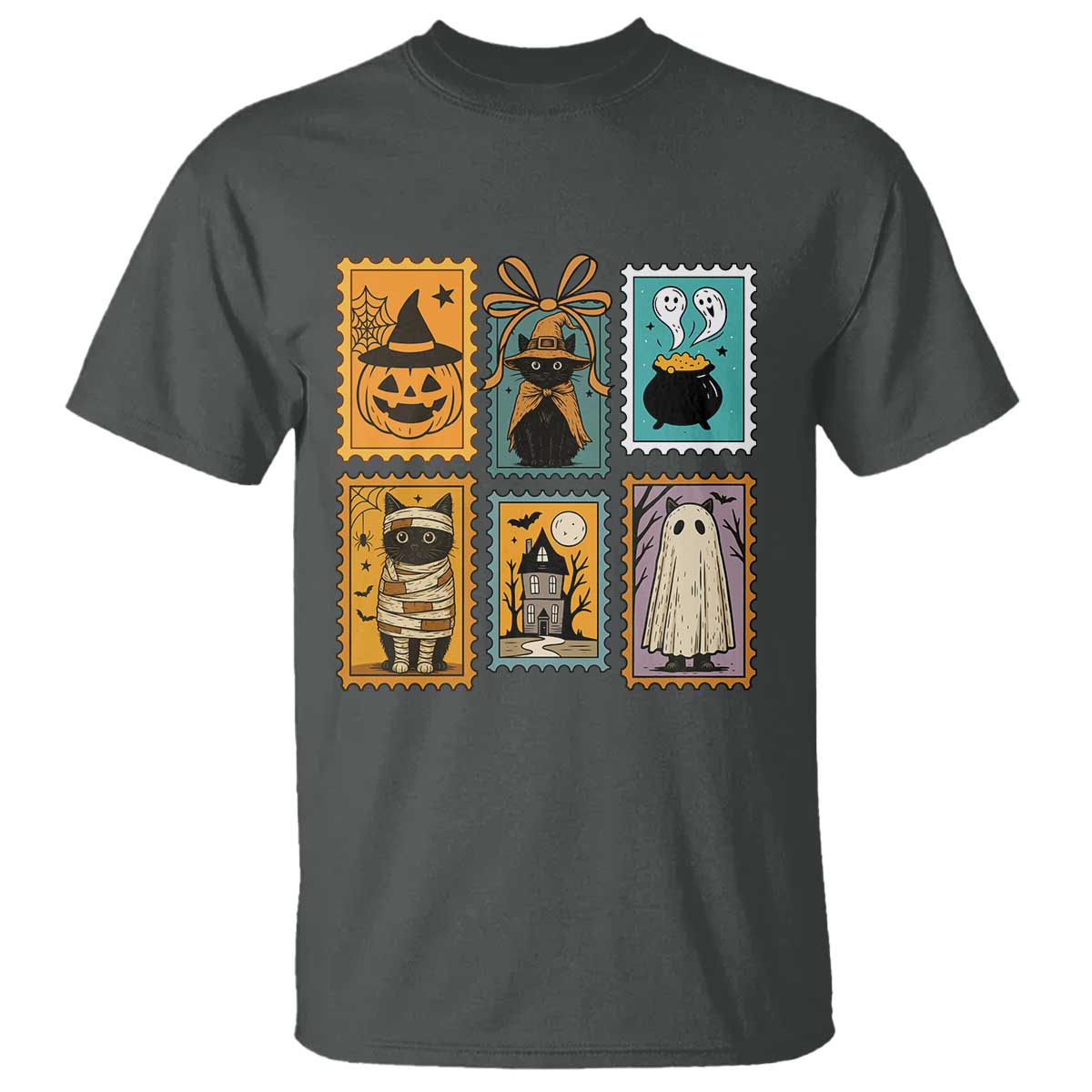 Black Cat Pumpkin T Shirt Retro Halloween Ghots Cat Stamp TS10 Dark Heather Print Your Wear