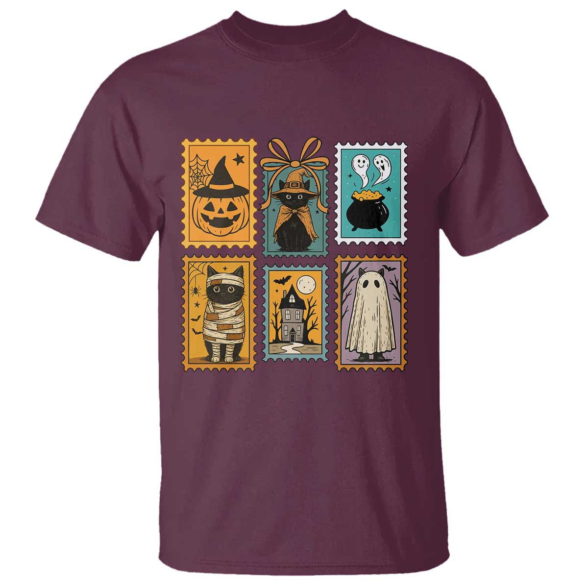 Black Cat Pumpkin T Shirt Retro Halloween Ghots Cat Stamp TS10 Maroon Print Your Wear
