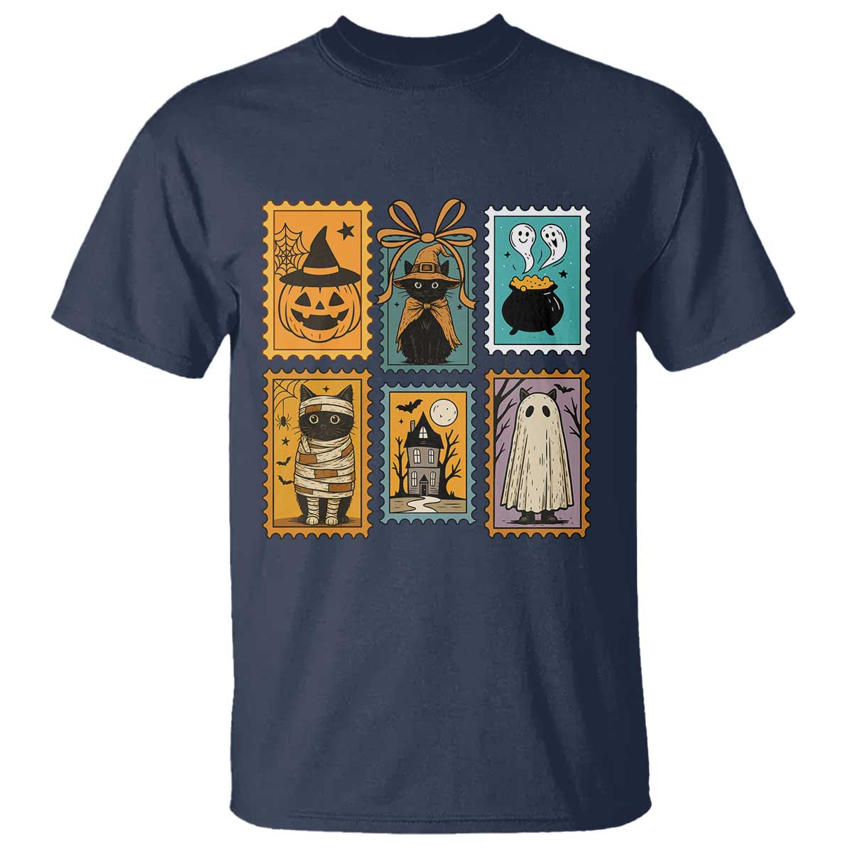 Black Cat Pumpkin T Shirt Retro Halloween Ghots Cat Stamp TS10 Navy Print Your Wear